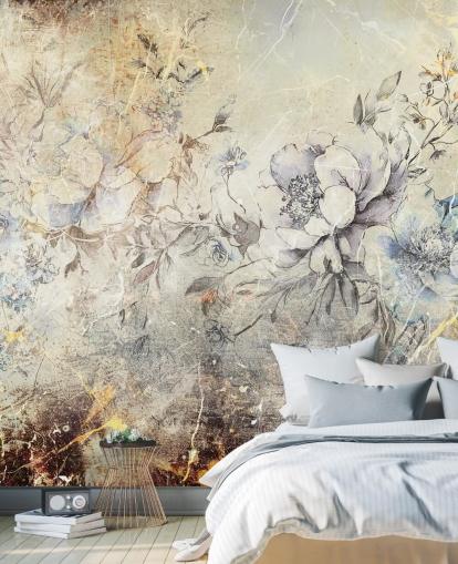 tilpasselig blomstervægmaleri kaldet Distressed Large Florals II af Rafal Kulik til soveværelser og lounger