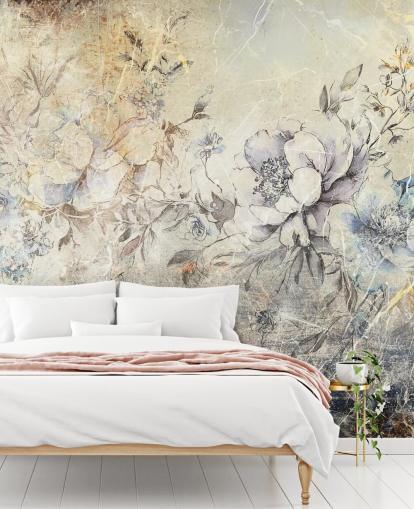 aanpasbare bloemenmuurschildering genaamd Distressed Large Florals II van Rafal Kulik voor slaapkamers en lounges
