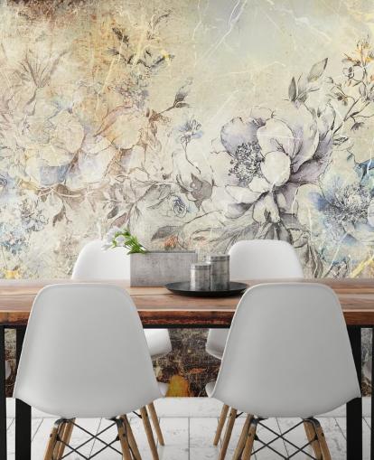 aanpasbare bloemenmuurschildering genaamd Distressed Large Florals II van Rafal Kulik voor slaapkamers en lounges