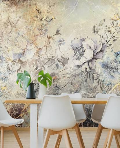 customisable floral wall mural called Distressed Large Florals II by Rafal Kulik for bedrooms and lounges
