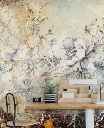 fresque murale florale personnalisable appelée Distressed Large Florals II de Rafal Kulik pour les chambres et les salons