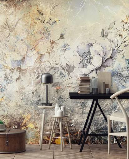 Rafal Kulikin räätälöitävä kukka-seinämaalaus nimeltään Distressed Large Florals II makuuhuoneisiin ja oleskelutiloihin Rafal Kulikin räätälöitävä kukka-seinämaalaus nimeltään Distressed Large Florals II makuuhuoneisiin ja oleskelutiloihin