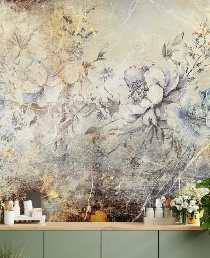 customizable floral wall mural called Distressed Large Florals II by Rafal Kulik for bedrooms and lounges