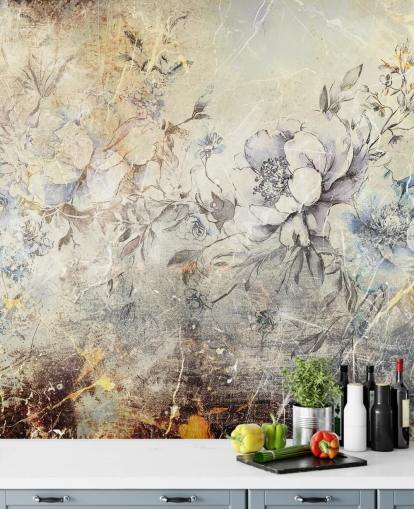 mural de pared floral personalizable llamado Distressed Large Florals II de Rafal Kulik para dormitorios y salones