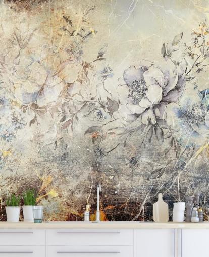 mural de pared floral personalizable llamado Distressed Large Florals II de Rafal Kulik para dormitorios y salones