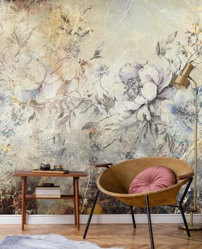 anpassningsbar blommig väggmålning kallad Distressed Large Florals II av Rafal Kulik för sovrum och lounger