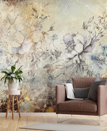 customizable floral wall mural called Distressed Large Florals II by Rafal Kulik for bedrooms and lounges