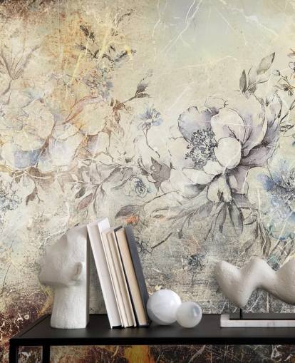 anpassningsbar blommig väggmålning kallad Distressed Large Florals II av Rafal Kulik för sovrum och lounger