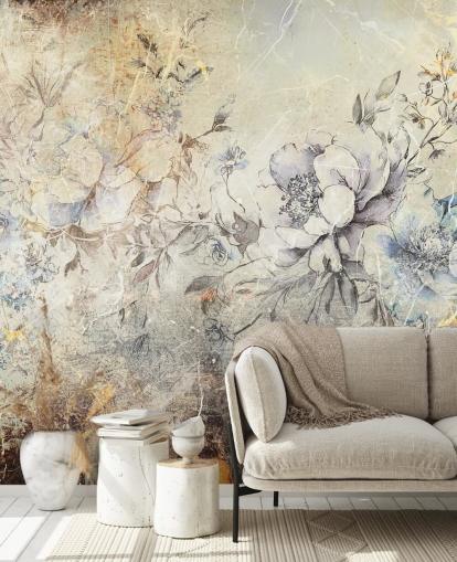 murale floreale personalizzabile chiamato Distressed Large Florals II di Rafal Kulik per camere da letto e salotti