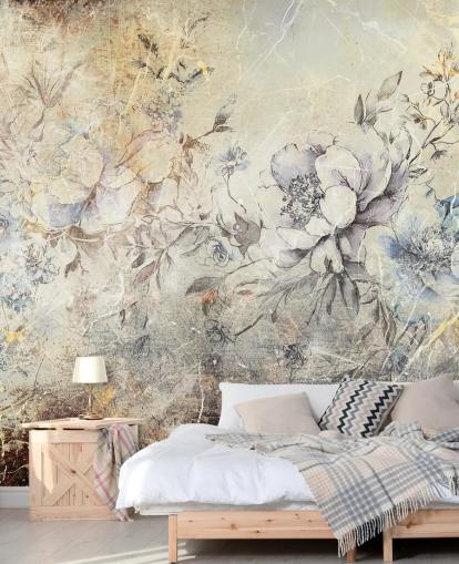 fresque murale florale personnalisable appelée Distressed Large Florals II de Rafal Kulik pour les chambres et les salons