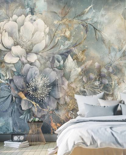 papel de parede floral personalizável azul e branco chamado Distressed Large Florals de Rafal Kulik papel de parede floral personalizável azul e branco chamado Distressed Large Florals de Rafal Kulik