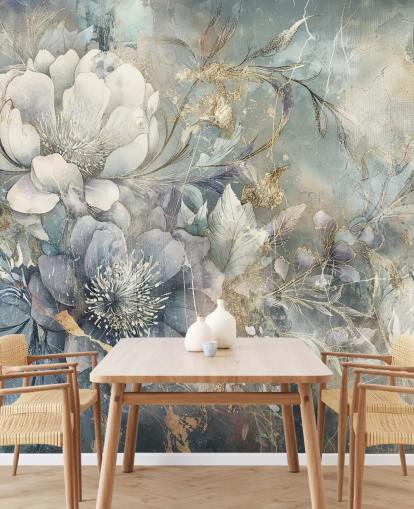 blue and white customisable floral wallpaper called Distressed Large Florals by Rafal Kulik