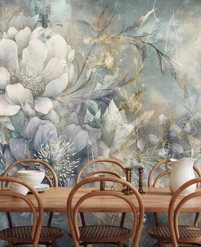 blåt og hvidt tilpassbart blomstertapet kaldet Distressed Large Florals af Rafal Kulik blåt og hvidt tilpassbart blomstertapet kaldet Distressed Large Florals af Rafal Kulik