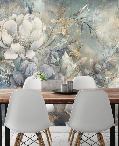 blauw-wit aanpasbaar bloemenbehang genaamd Distressed Large Florals van Rafal Kulik