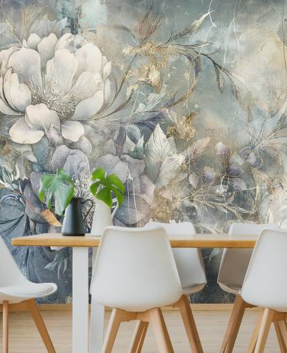 blått og hvitt tilpassbart blomstertapet kalt Distressed Large Florals av Rafal Kulik blått og hvitt tilpassbart blomstertapet kalt Distressed Large Florals av Rafal Kulik