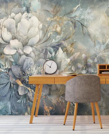 papel de parede floral personalizável azul e branco chamado Distressed Large Florals de Rafal Kulik papel de parede floral personalizável azul e branco chamado Distressed Large Florals de Rafal Kulik