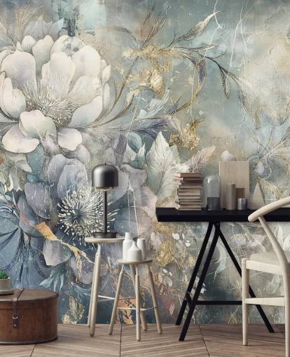 papel pintado floral personalizable en blanco y azul llamado Distressed Large Florals de Rafal Kulik papel pintado floral personalizable en blanco y azul llamado Distressed Large Florals de Rafal Kulik