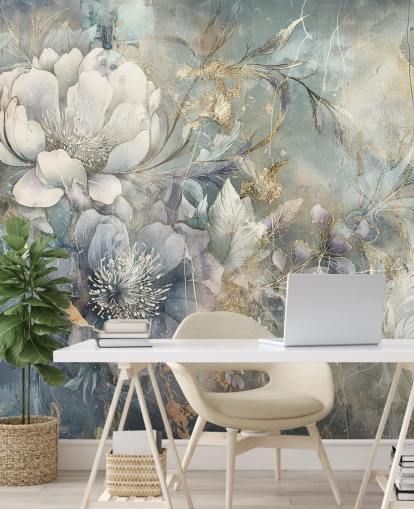 Blau-weiße personalisierbare Blumentapete namens Distressed Large Florals von Rafal Kulik Blau-weiße personalisierbare Blumentapete namens Distressed Large Florals von Rafal Kulik