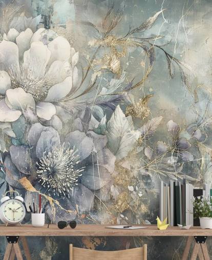 papel pintado floral personalizable en blanco y azul llamado Distressed Large Florals de Rafal Kulik papel pintado floral personalizable en blanco y azul llamado Distressed Large Florals de Rafal Kulik
