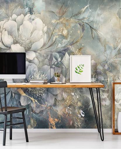 blå och vit anpassningsbar blommig tapet kallad Distressed Large Florals av Rafal Kulik blå och vit anpassningsbar blommig tapet kallad Distressed Large Florals av Rafal Kulik