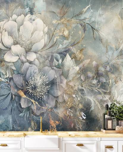 papel pintado floral personalizable en blanco y azul llamado Distressed Large Florals de Rafal Kulik