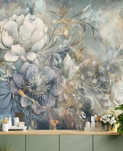 blue and white customisable floral wallpaper called Distressed Large Florals by Rafal Kulik