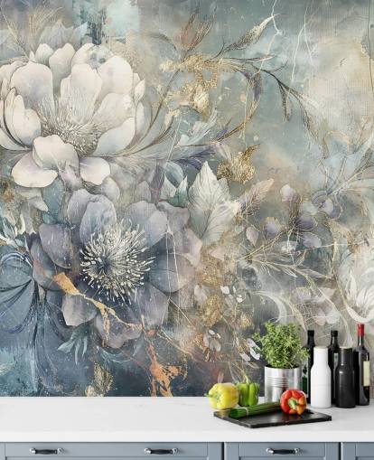 blue and white customisable floral wallpaper called Distressed Large Florals by Rafal Kulik