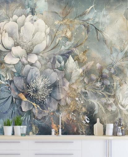 blåt og hvidt tilpassbart blomstertapet kaldet Distressed Large Florals af Rafal Kulik