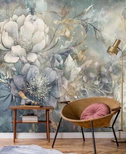 papel pintado floral personalizable en blanco y azul llamado Distressed Large Florals de Rafal Kulik papel pintado floral personalizable en blanco y azul llamado Distressed Large Florals de Rafal Kulik