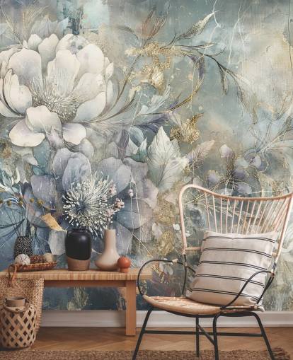 papel pintado floral personalizable en blanco y azul llamado Distressed Large Florals de Rafal Kulik