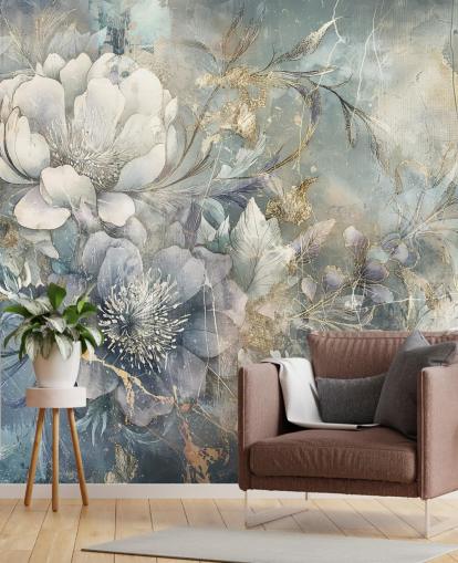 sinivalkoinen muokattava kukkatapetti nimeltä Distressed Large Florals by Rafal Kulik