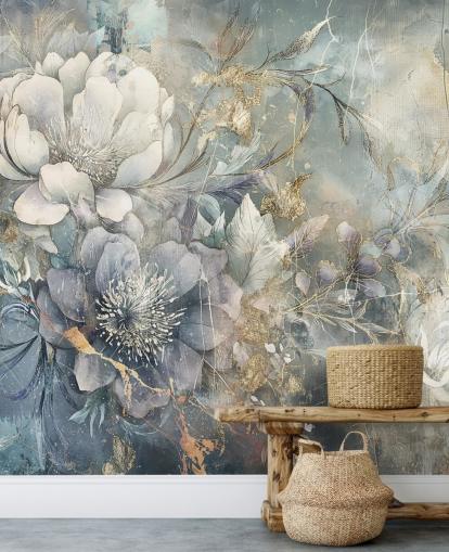 blått og hvitt tilpassbart blomstertapet kalt Distressed Large Florals av Rafal Kulik blått og hvitt tilpassbart blomstertapet kalt Distressed Large Florals av Rafal Kulik