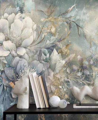 papel pintado floral personalizable en blanco y azul llamado Distressed Large Florals de Rafal Kulik