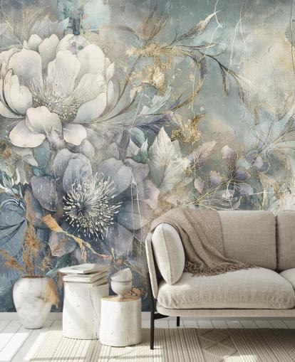 sinivalkoinen muokattava kukkatapetti nimeltä Distressed Large Florals by Rafal Kulik