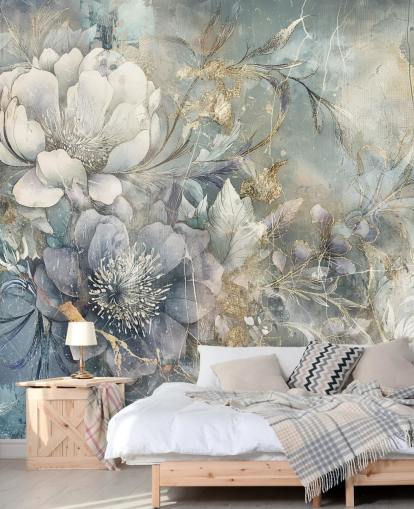 blue and white customisable floral wallpaper called Distressed Large Florals by Rafal Kulik blue and white customisable floral wallpaper called Distressed Large Florals by Rafal Kulik