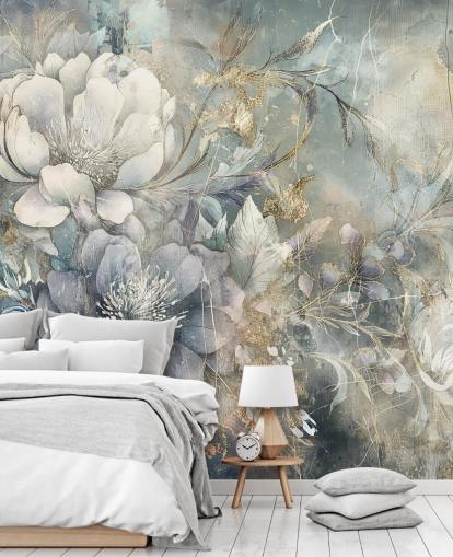 papel de parede floral personalizável azul e branco chamado Distressed Large Florals de Rafal Kulik