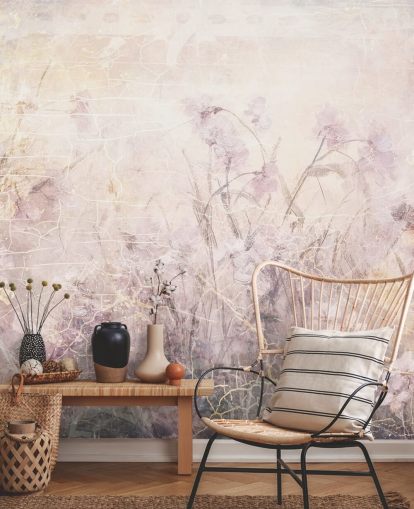 mural de parede floral personalizável roxo chamado Distressed Lilac Florals de Rafal Kulik