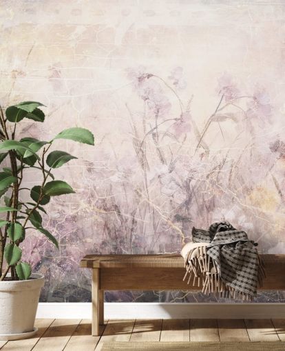 mural de pared floral personalizable de color morado llamado Distressed Lilac Florals de Rafal Kulik