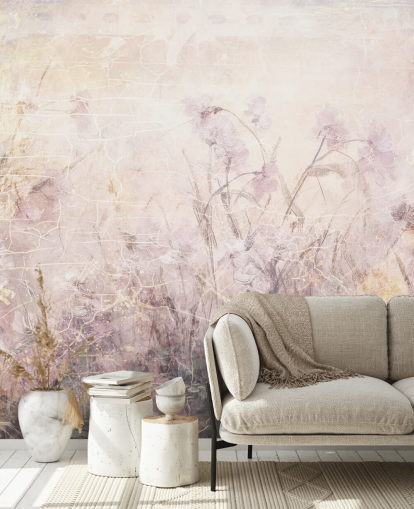 lila anpassningsbar blommig väggmålning som heter Distressed Lilac Florals av Rafal Kulik