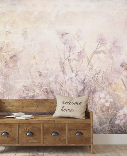 mural de pared floral personalizable de color morado llamado Distressed Lilac Florals de Rafal Kulik