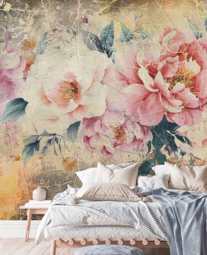 mural de pared de rosas vintage personalizable en blanco y rosa llamado Distressed Pink Roses de Rafal Kulik mural de pared de rosas vintage personalizable en blanco y rosa llamado Distressed Pink Roses de Rafal Kulik