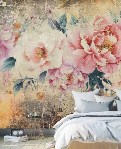 roze en witte aanpasbare vintage rozenmuurschildering genaamd Distressed Pink Roses van Rafal Kulik roze en witte aanpasbare vintage rozenmuurschildering genaamd Distressed Pink Roses van Rafal Kulik