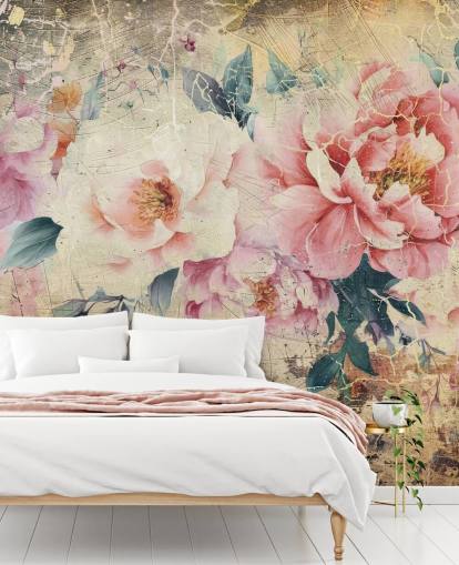 personalisierbares Vintage-Rosen-Wandbild in Rosa und Weiß namens Distressed Pink Roses von Rafal Kulik