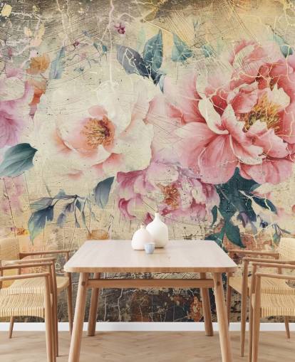 roze en witte aanpasbare vintage rozenmuurschildering genaamd Distressed Pink Roses van Rafal Kulik
