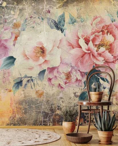 personalisierbares Vintage-Rosen-Wandbild in Rosa und Weiß namens Distressed Pink Roses von Rafal Kulik