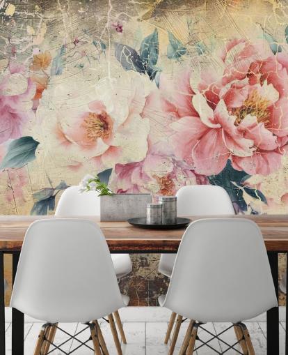 mural de pared de rosas vintage personalizable en blanco y rosa llamado Distressed Pink Roses de Rafal Kulik