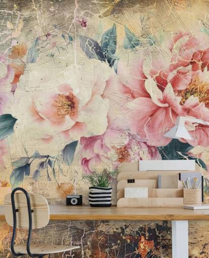 mural de parede vintage personalizável rosa e branco chamado Distressed Pink Roses de Rafal Kulik