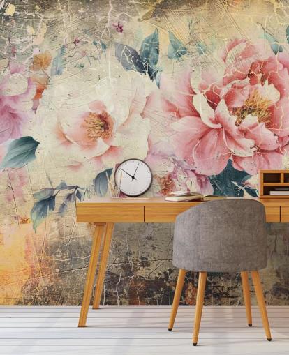 roze en witte aanpasbare vintage rozenmuurschildering genaamd Distressed Pink Roses van Rafal Kulik