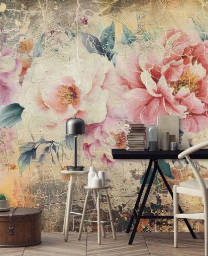 lyserød og hvid tilpasselig vintage rose vægmaleri kaldet Distressed Pink Roses af Rafal Kulik