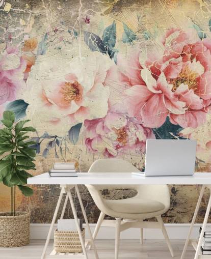 lyserød og hvid tilpasselig vintage rose vægmaleri kaldet Distressed Pink Roses af Rafal Kulik